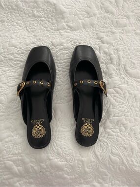 Vince Camuto Black Leather Mary Jane Mule with Gold Eyelet Buckle